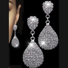 Clear Diamonte / Diamante Large Teardrop Pear Shape Long Drop Earrings - NEW!