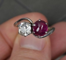 Antique No Heat Burmese Ruby Cabochon Old Cut Diamond Platinum Toi Et Moi Ring