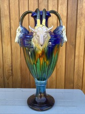 An Impressive 18" Tall Italian Majolica Style Rams Head Vase