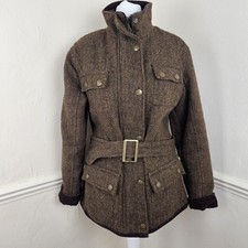 Welligogs Tweed Wool Herringbone Jacket Belted Field UK 10 Country Brown