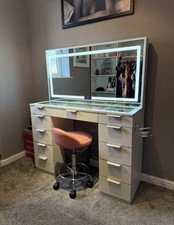 Luxury LED Vanity Table with Glass Top, Light-Up Mirror & 11 Drawers