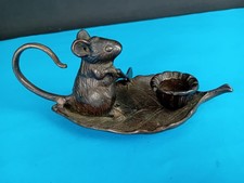 Vintage Verdigris Bronze Brass Mouse Rowing on Leaf Candle Holder