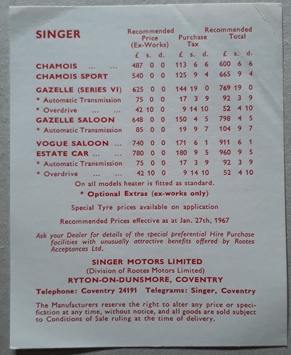 Singer range price list - price,