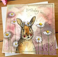 ALEX CLARK ~ SUNSHINE RABBIT & DAISIES SPECIAL BIRTHDAY CARD ~ FOILED ~ BLANK