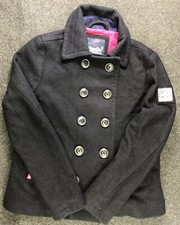 Superdry Coat Womens Size L Black Double Breasted Pea Jacket Wool