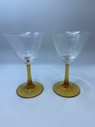 Vintage amber stem etched - amber,