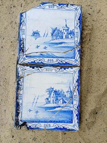 Antique dutch delft tile pair - antique,