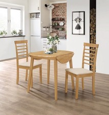 Small Solid Wooden Drop Leaf Round Dining Table and 2 Chairs Set in Oak Finish