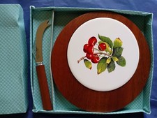 Retro 1960s Teak Cheese board Ceramic Tile cheese knife Sheffield boxed Vintage
