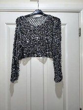 Zara Grey Silver Sequin Crop Long Sleeve Top Size S