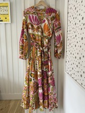 ZARA Floral Multi Colour Midi Long Belted Summer Dress Size Small Cotton Poplin