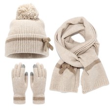 Womens Ladies Thick Knit Hat Scarf AND Touchscreen gloves Set Knitted Winter UK
