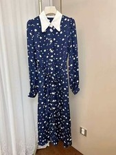 LK Bennett Navy Floral Dress white Viscose Long Sleeve Collar Belt 8 10 12 14