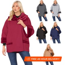 Womens Italian Warm Faux Fur Cape Poncho Coat with Pockets Casual Swing Overcoat