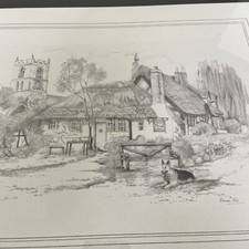Vintage Pencil Drawing The Plough Inn Pub, Church & dog by Glenda Rae Framed