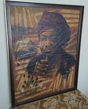 Vintage THAI  Oil Painting-TEXTURED BARK/BAMBOO ON BOARD- OLD MAN -SIGNED/FRAMED
