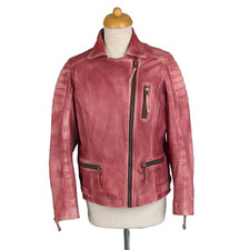 Joe Browns Size 14 Vintage Pink Soft 100% Sheep Leather Biker Jacket Distressed