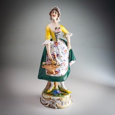 Dresden Style Porcelain Figure Lady With Flowers Crown Mark Volkstedt Thuringia