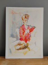 Original Portrait Seated Woman Lady In Red Signed Owen Mounted Gouache Painting