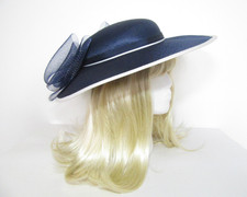 VINTAGE NAVY BLUE WHITE HAT BOW LADIES MOTHER OF THE BRIDE WEDDING RACES FORMAL