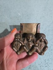 3 Wise Monkeys Brass Match Holder/ Small Paperweight Japan  Vintage Novelty 