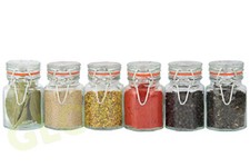 SET 6 GLASS SPICE JARS VINTAGE