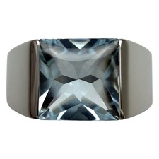 Large Size Cartier Blue Aquamarine Square Cushion Cut 18k White Gold Tank Ring