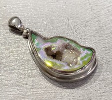 925 Sterling Silver Iridescent Multicolour Geode Druzy Aura Quartz Agate Pendant