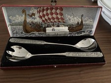 Original Konge Tinn Norwegian Pewter Viking Salad Servers / Boxed / Collectible