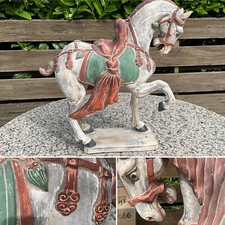 RARE Chinese ANTIQUE 18” TANG Saddled WAR HORSE Rare TERRACOTTA SLIP