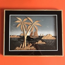 Vintage Retro 60s Oriental Chinese Cork Diorama Small Picture Sailboat Sea Scene