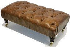 Rectangular Chesterfield Footstool 100% Vintage Tan Leather with Castors