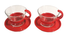 Bodum Espresso Cups And Saucers Pair Vintage Demi-Tasses Red Glass Plastic