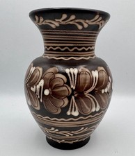 Vintage Hungarian Folk Art Vase Brown Floral Exceptional Condition 21cm Tall