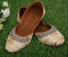 Fancy Embroidery Beaded Jutti Khussa Shoes Indian Pakistani Ivory Womens 7US