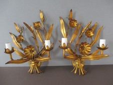 Vintage Pair Gold Gilt  Tole Ware Wall Lamps Lights Twin Sconces Wheat Flowers