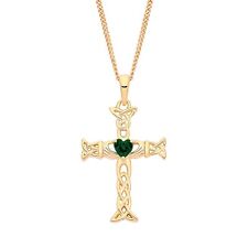 9ct Yellow Gold on Silver simulated Emerald Celtic Irish CLADDAGH Cross Pendant