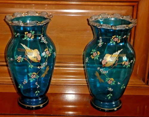Pair enamel vases floral - enamel,