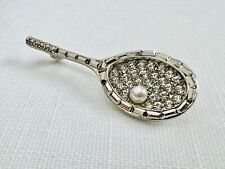 Vintage 1980s Tennis Racket Ball Brooch Crystals Faux Pearl Silver Tone Metal BN