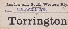 LSWR Railway Luggage Label TORRINGTON (STAMPED HALWILL JCT)