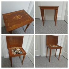 1950s Vintage Italian Wooden Inlaid Marquetry Musical Jewellery Sewing Box Table