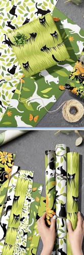 Wrapping paper green cats - green,