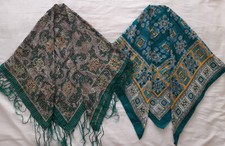 2 WOMENS GREEN YELLOW FLORAL PAVLOVO POSAD SHAWL GOLD ART PATTERN OOGOE INDIA