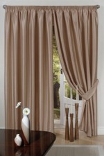 FAUX SILK LATTE CURTAINS TIE