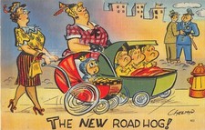 Mother Pushing Baby in Stroller-Sees Lady With Triplets-New Road Hog-Old Comic P