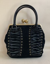 DUNE Lanise Black Patent Suede Vintage Inspired Corset Handbag Large Kiss Clasp