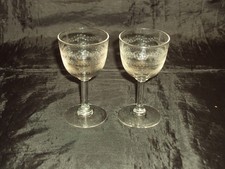Pair Antique Victorian Etched Garland Port Sherry Cordial Liqueur Wine Glasses