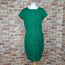 Hobbs NW3 Denim Dress Green UK 14 Button Front Knee Length Straight