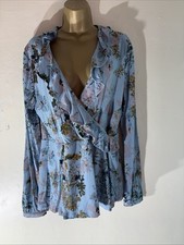 Women Next Uk 16 Duck Egg Blue Floral Long Sleeve Stretch Faux Wrap V Neck Shirt