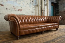 HANDMADE 4 SEATER VINTAGE DARK TAN LEATHER CHESTERFIELD SOFA, NATURAL LEATHER.